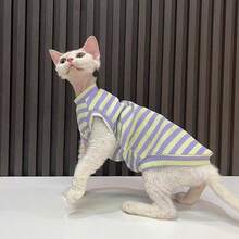 斯芬克斯猫德文郡无毛猫服装，荧光黄紫色条纹背心，高弹力，舒适轻薄夏季宠物家居服 - 紫羅蘭色 - 查看 11