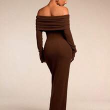 Women's Solid Color Off Shoulder Long Sleeve Casual Long Dress,Party Women Outfits,Women Clothes - Café integral - Ver 3
