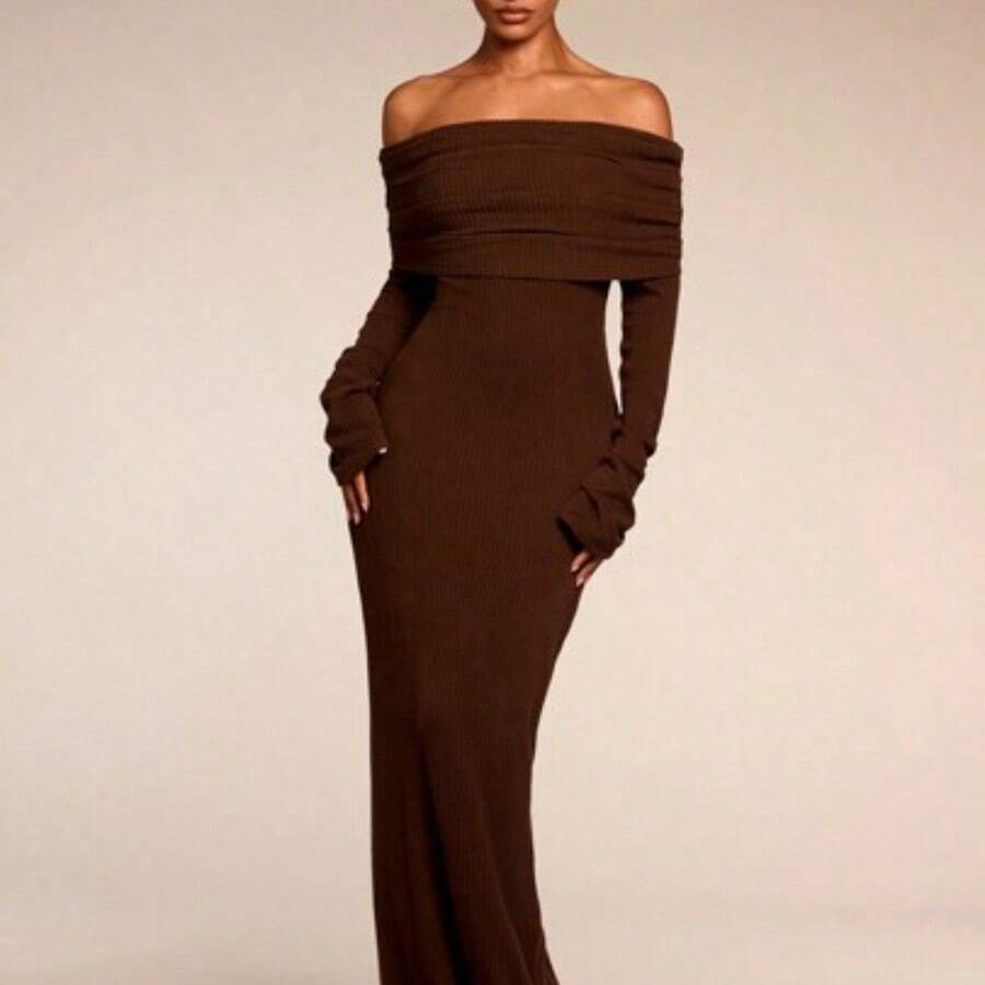 Women's Solid Color Off Shoulder Long Sleeve Casual Long Dress,Party Women Outfits,Women Clothes - Café integral - Ver 1