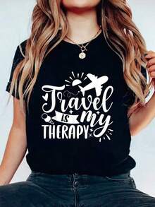 Tops de mujer Travel Is My Therapy Statement T-Shirt Camiseta de mujer con estampado y cuello redondo para verano, top suave de manga corta para mujer, camiseta elegante y cómoda para mujer, camisetas gráficas de verano. - Negro - Ver 7