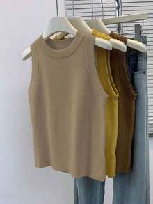 Top de punto de cuello redondo en color sólido para mujer de , minimalista y versátil, para verano. - Caqui - Ver 5