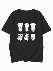 Áo thun ngắn tay nữ mùa hè Y2K bằng cotton in hình hoạt hình mèo và chó dễ thương - màu đen - Xem 4