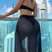 Swim  3pcs Women Halter Vacation Swimwear Set - Bikini Top, Bikini Bottoms, And Cover Up Skirt Summer - Negro - Ver 3