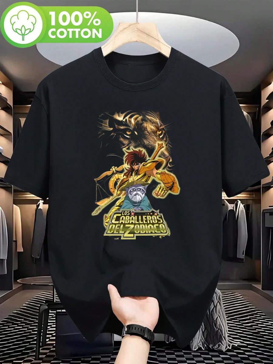 Official Vintage Anime T-Shirt Of Libra Dohko From Saint Seiya (Knights Of The Zodiac) – Iconic Libra Dohko Logo And Astrological Symbol, Casual Crew Neck T-Shirt For All Seasons, Clothing For Anime Fans, Perfect For Men And Couples. - 黑色 - 查看 1