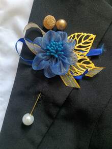 1pc Unisex Blue Rose & Daisy Flower Brooch, Gold Accent, Wedding Lapel Flower Decor, 1pc,Festival,Birthday - Multicolor - View 3