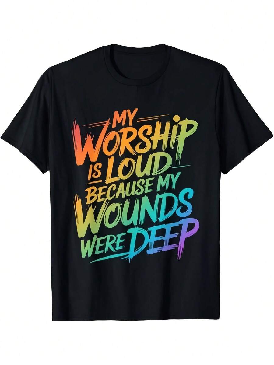 Mi adoración es sonora y clara, porque mis heridas son profundas. Camiseta con estampado gráfico, camiseta para todas las estaciones, adecuada para actividades diarias al aire libre. - Negro - Ver 1