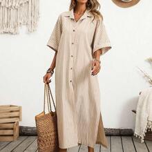 Women's Spring And Summer Striped Shirt Dress, Suitable For Vacation, Daily Casual And Lazy Style. Women's Shirt Dress, Vertical Stripe Design, Single-Breasted Lapel, Short Sleeves And Slit Hem, Vacation Wear, Daily Casual Long Skirt, Lazy Style Women's Clothing, Lazy Skirt - Albaricoque - Ver 3