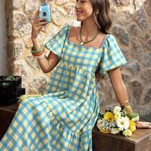 Flora Isola Flora Isola Yellow & Green Plaid Square Neck Puff Sleeve Maxi Dress - Retro Bohemian Style For Vacation, Daily Outings & Casual Wear, Women's Spring & Summer Dress - Multicolor - Ver 6
