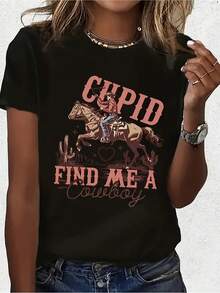 ModaModaWo Camiseta de Vaquera del Oeste - Camiseta de manga corta con estampado de vaquera y cactus, con el eslogan "Cupid Find Me A", letras en rosa y marrón, cuello redondo de elastano elástico, camiseta casual adecuada para festivales de música country, eventos del oeste, - WearcuteEstampadaEstampada - Negro - Ver 1