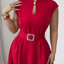 Vestido maxi de talla grande para mujer, de primavera/verano, con cuello de corazón, sin mangas, con pliegues en la cintura, hebilla en la cintura, falda recogida, bolsillos, en color liso, para uso casual, de viaje, para tomar el té de la tarde, para el Día de San Valentín y fiestas, con estilo romántico francés y elegante de Sicilia - Marrón - Ver 5