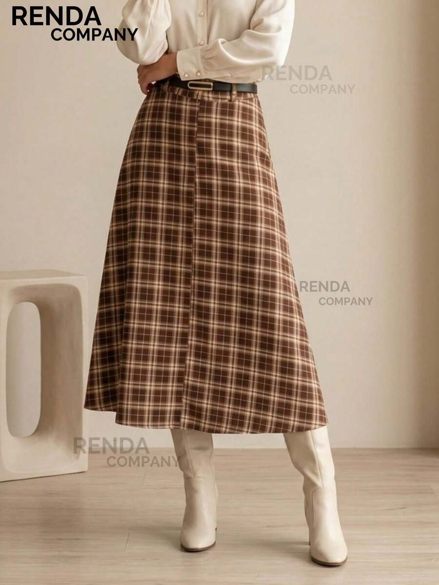 Women's Tailored Plaid Midi Skirt, High Waist With Leather Belt, Elegant Look, For Autumn And Winter (São João Festival). - 鏽棕色 - 查看 1