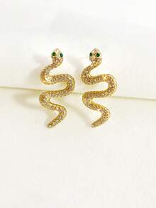 1 Đôi bông tai hình rắn chữ S thời trang đính đá Cubic Zirconia và kim cương, thiết kế độc đáo với mắt đá quý màu xanh lá cây, trang sức tiên phong phù hợp cho Halloween, sinh nhật, đeo hàng ngày, tiệc tùng và kỷ niệm. - Vàng - Xem 4