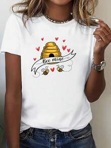 Camiseta de Manga Corta Estamp para Mujer, Estilo Urbano de Verano con Diseño de Abeja y Panal, Corte Hoado y Llamativo, Top Dulce y Fresco. Camiseta Básica de Otoño, Manga Cortara Actividades al e , Uni. Camisetararejas, Conjunto Familiar, Novedad, Moda de Manga Corta - Blanco - Ver 2