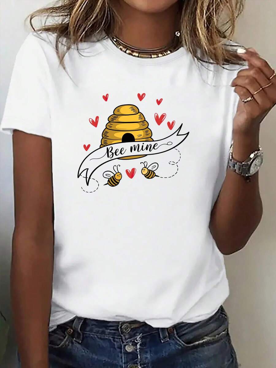 Camiseta de Manga Corta Estamp para Mujer, Estilo Urbano de Verano con Diseño de Abeja y Panal, Corte Hoado y Llamativo, Top Dulce y Fresco. Camiseta Básica de Otoño, Manga Cortara Actividades al e , Uni. Camisetararejas, Conjunto Familiar, Novedad, Moda de Manga Corta