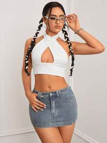 Minifalda de mezclilla ajustada y de tiro bajo lavada, con estilo callejero sexy para el verano - Azul lavado medio 2 - Ver 3