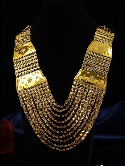 1 pieza Collar de flecos multicapa, de aleación de hierro chapado en oro con patrón de copo de nieve grabado, accesorio de boda para mujeres turcas, también adecuado como regalo (por favor, revise la tabla de tallas antes de la compra)
