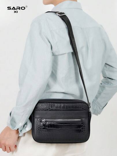saroxi Bolso de hombro para hombre con bolsillos laterales, bolso bandolera, bolso de cuero PU minimalista casual, con estampado de cocodrilo, adecuado para ir al trabajo, viajar, regalo para novio