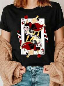 1 pieza de camiseta de manga corta con cuello redondo y corte holgado de 200g, diseñada por artistas de la época Y2K con un estilo de inspiración vasca, hecha de 100% algodón. Disponible en versiones de manga corta para mujer y hombre, esta versátil prenda casual combina sin esfuerzo con ropa urbana, salidas diarias, campamentos, conciertos, eventos de hip-hop, rock y rap, y presenta estampados de celebridades. Ideal para festivales de música, el otoño y para usar durante todo el año. Diseño de la carta Reina de Corazones - Blanco - Ver 1