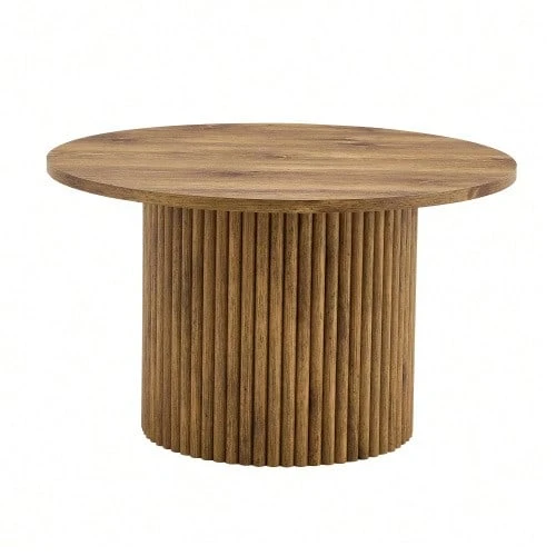 Couchtisch Aus MDF Mit 70 Cm Durchmesser: Runder Beistelltisch Mit Römischem Säulendesign, Integraiertem Metallrahmen, Retro-Luxus-Stil Fürs Wohnzimmer. Perfect For European Wohnräume. - Natural Color - View 1