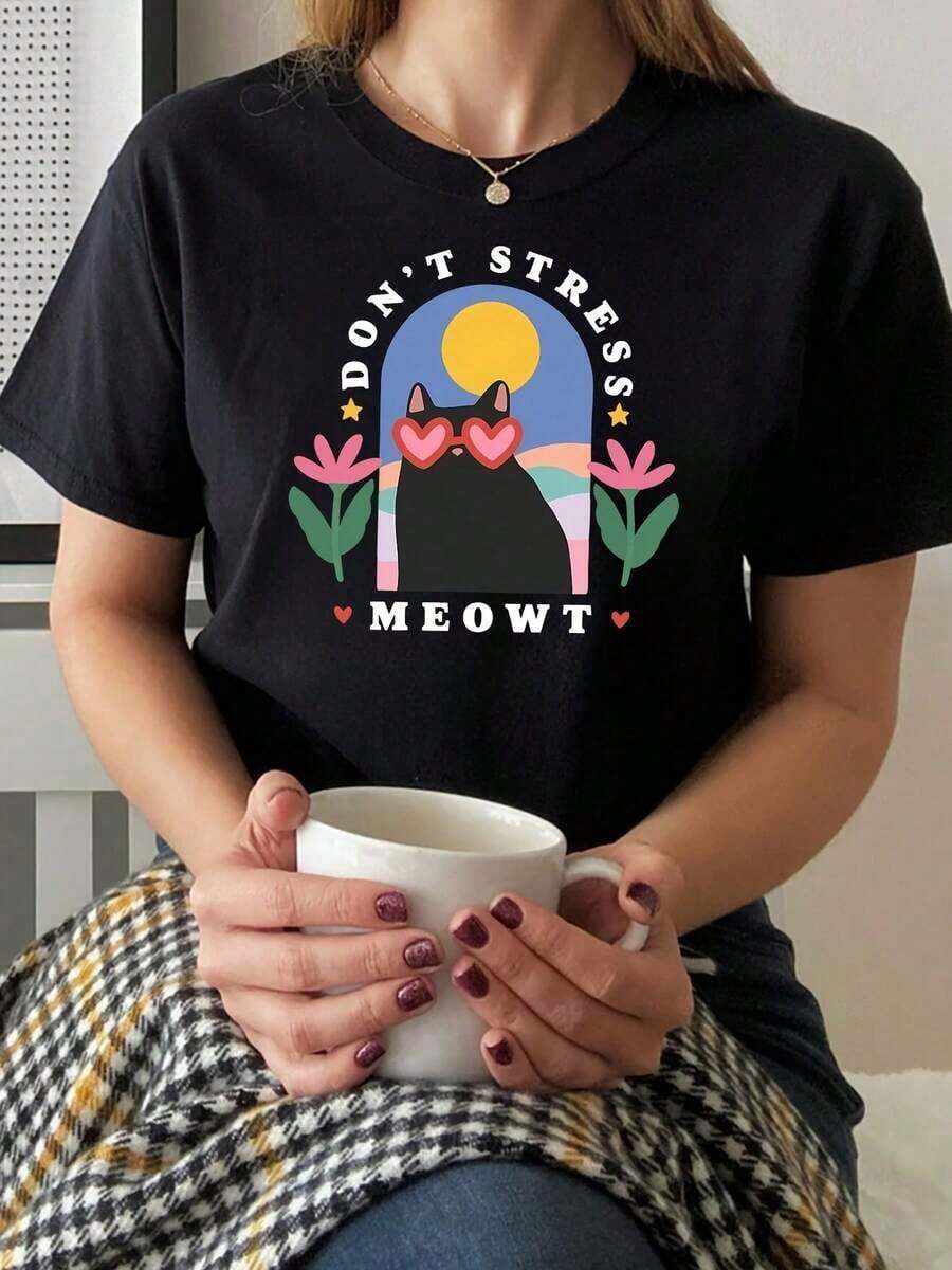 1 pieza Camiseta con estampado de monograma "Relax Kitty", manga corta, cuello redondo, estilo casual para verano y primavera, camiseta de manga corta con estampado de letras para mujer, uso diario casual al aire libre, 180g, 100% algodón. - Negro - Ver 1