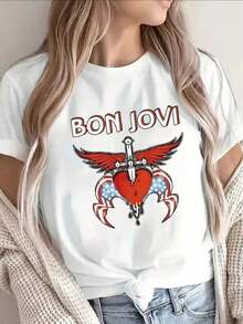 Women's Bon Jovi Graphic T-Shirt, Lightweight And Durable, Short Sleeve, Crew Neck, With Heart Design And Iconic Logo, Casual Wear For Everyday Use, Restaurants, Restaurant Wear, Comfortable Fit, Medium Elasticity Fabric, Clothing For Music Fans - 白色 - 查看 8