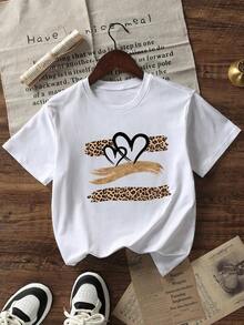 Camiseta Casual de Verano para Mujer con Estampado de Leopardo Vintage y Diseño de Corazón, Cuello Redondo, Manga Corta, Estilo Urbano Vintage, Unisex, Holgada, de Algodón, Camiseta de Manga Corta con Cuello Redondo, blusas para mujer, playeras de mujer, blusas casuales para dama. - Blanco - Ver 5