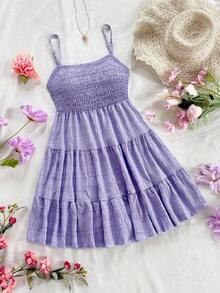 Vestido Casual de Tanque Halter Cuello con Dobladillo Plisado unicolor para Mujeres en Verano - Morado 2 - Ver 1