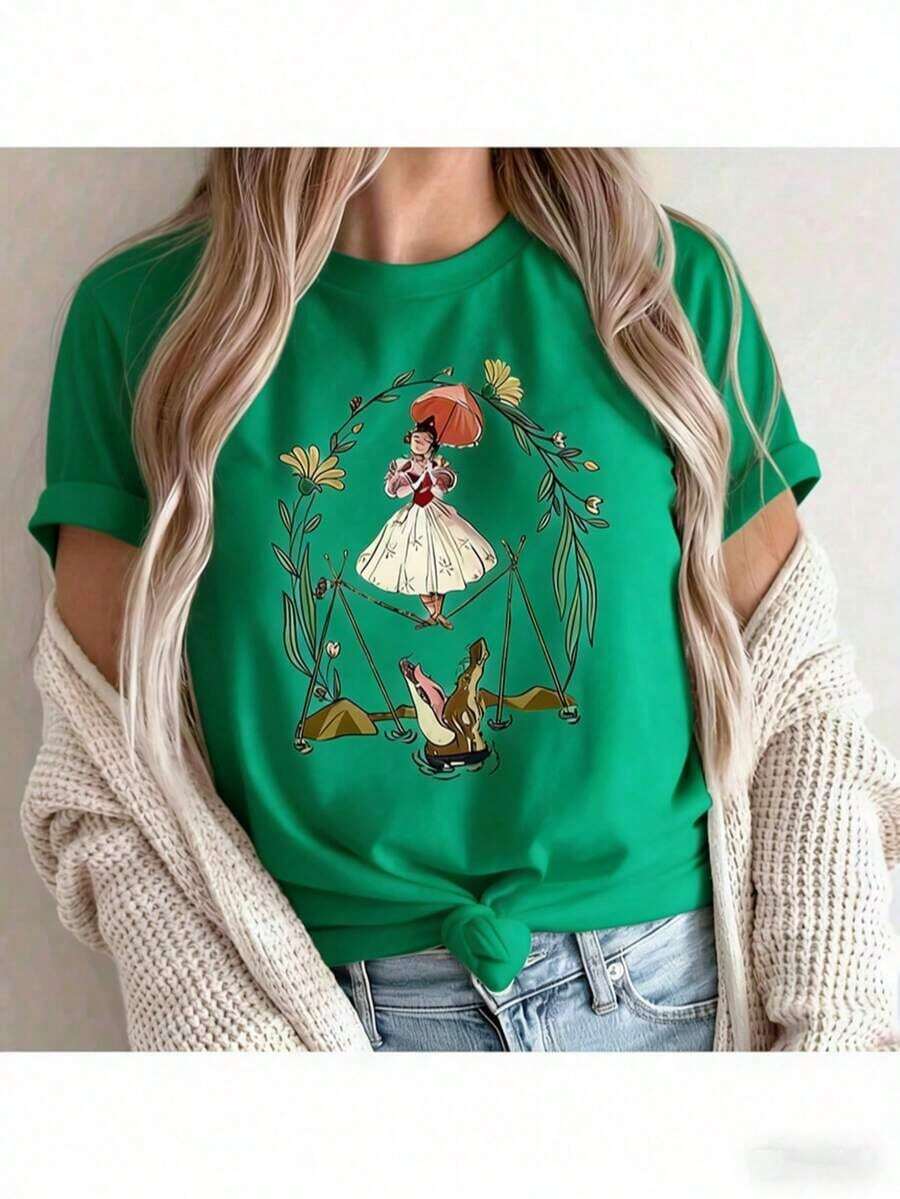 Camiseta de algodón 100% de Magic Kingdom Haunted Mansion Halloween - Diseño floral de equilibrista sobre cuerda tensada, camiseta casual blanca de manga corta y cuello redondo, adecuada para combinar en familia, lavable a máquina, para el Día de San Patricio para mujeres, Puerto Rico, atuendo de San Valentín para mujeres, camiseta de algodón ajustada para el Día de San Patricio para mujeres, Puerto Rico, atuendo de San Valentín para mujeres, camiseta de algodón ajustada - Camiseta vintage de estilo callejero unisex de algodón holgado de manga corta y cuello redondo. - Verde - Ver 1