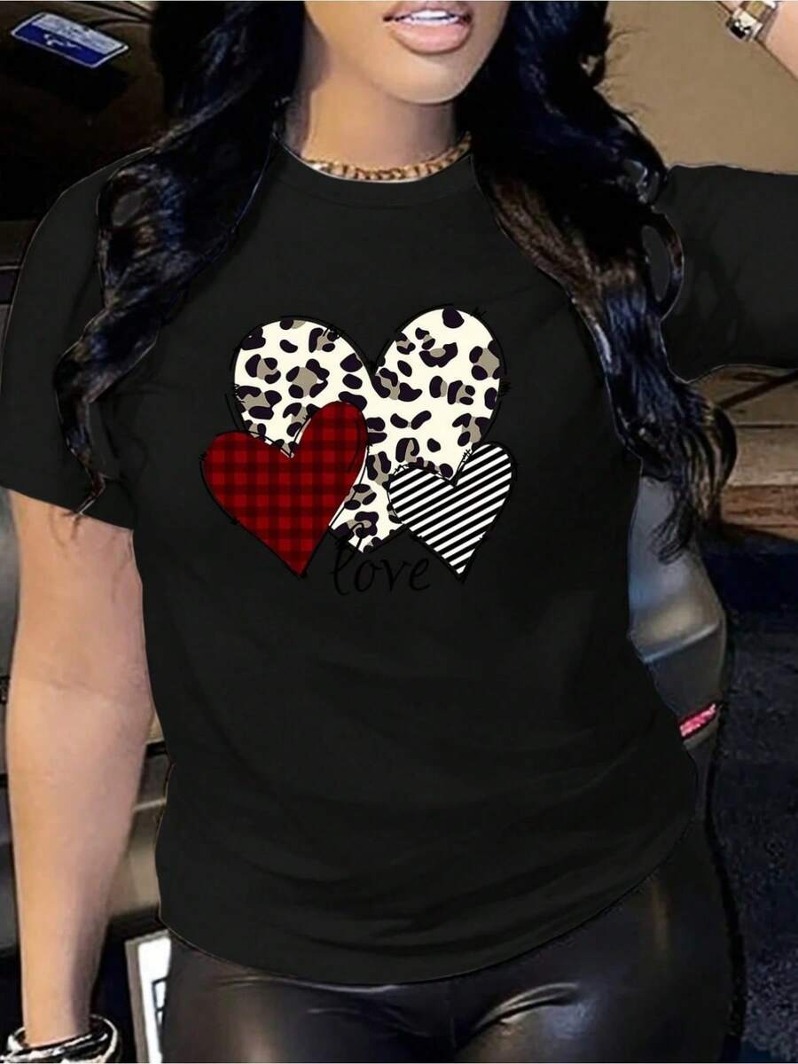Plus Size Women T-Shirts,Girlfriend Fiancee Wife ,100% Cotton Casual Printed T-Shirt,Crew Neck Short Sleeve,Cotton T-Shirt,For Going Out,Gift,Summer,Unisex - 黑色 - 查看 1