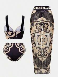 Swim Oasis Conjunto de bikini con estampado floral sexy para mujer con pareo y falda para el verano - Amarillo - Ver 10