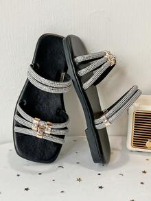 Kids' Rhinestone Multi-Strap Square Toe Flat Slide Sandals, Open Toe Slip-On Summer Casual Fashion Slides For Girls - Black - View 9