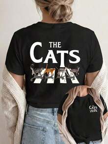 HERARIUM [Impresión a Doble Cara] Camiseta de Mujer, Top Casual de Manga Corta y Cuello Redondo, con un Diseño de Cruce de Cebra y la palabra CATS impresa encima, Lavable, Ropa Casual Adecua - Negro - View 7