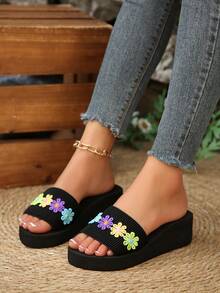 Women's Platform Wedge Sandals, Slip-Resistant Thick-Soled Comfortable Soft Knitted Colorful Embroidered Floral Open Toe Strap Thick Wedge Slides, European And American Bohemian Style, Suitable For Summer Beach, Vacation, Casual Wear, Black - Black Flowers - View 3