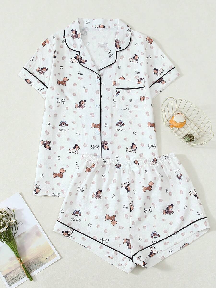 Set Piyama Wanita Lengan Pendek Berkerut Motif Anjing - Aprikot - View 1