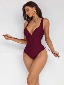 Traje de baño de una pieza con control de abdomen y push-up, con parches de color marrón, cordón de ajuste elegante y sexy, para fiestas y piscina - Burdeos - Ver 4