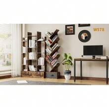 Estante com 2 gavetas, estante aberta independente em estilo industrial, estante vintage aberta, 12 compartimentos de armazenamento, estante para quarto, sala de estar, escritório em casa, marrom rústico - Ver 8