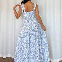 Holidaya French Elegant Ruched Bustier Flared Dress, Blue Floral Print, Sleeveless, Summer New Arrival - Amarillo - Ver 3