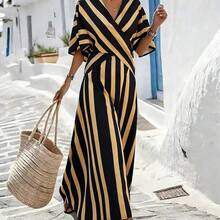 Holidaya Women's Yellow Striped Loose Vacation Spring/Summer V-Neck Fit-And-Flare Dress, Suitable For Vacation, Casual, Home And Daily Activities - Caqui - Ver 7