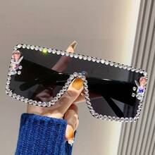 Women's Rhinestone Decorated Large Frame Fashion Glasses - Shiny Party And Daily Accessory, With Decorative Lenses, No Eye Protection,  Personality Glasses, Durable Frame - 黑灰 - 查看 11