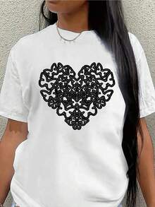 Camiseta de Manga Corta de con Diseño de Corazón, Ligera y Duraderara Uso Casual en Casa, Restaurante u Oficina, uste Cómodo para Uso Diario - Blanco - Ver 2