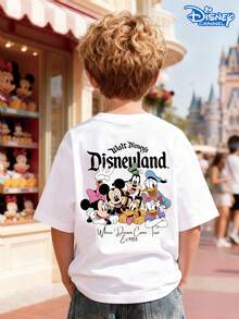 Disneyland Family Double-Sided Print Kids T-Shirt, Black Loose Crew Neck Top, Small Character Lineup Front + Mickey, Minnie & Friends Back, With "Where Dreams Come True" Slogan, Full Of Vibe, Breathable Skin-Friendly, All-Match For Summer Park & Street, Unisex - 白色 - 查看 2