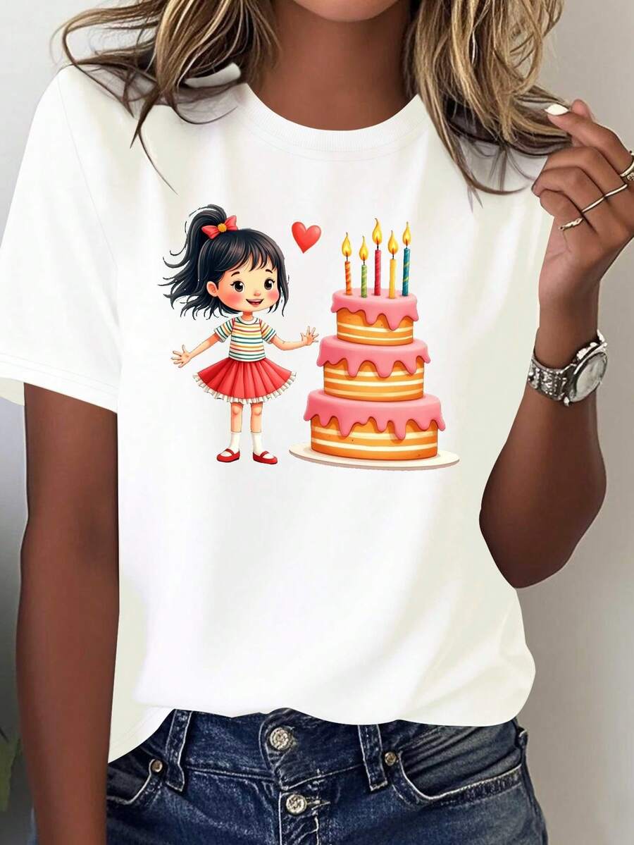 Camisetara Mujer con Estampado de Cumpleaños y Pastel 100% - Diseño Inspirado en Anime Japonés, Corazones e Glo, uste Casual cómodo i para Fiestas de cumpleaños, Uso Todo-Tempor, Lavable a máquina (No Limpieza Seca) - Colores Suaves Pasteles, Caída Rel, Sin Transparencia, I como Capa, por sí sola o combin. Tema Temático del Día de Nacimiento: Sonrisa & diseño de pastel capeado.