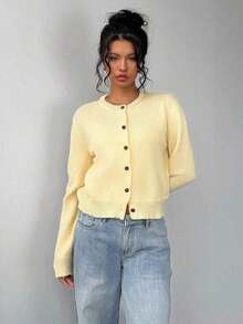 Cárdigan de mujer de manga larga, cuello redondo, suelto y corto, de unicolor, cómodo y acogedor, ideal para el uso diario, en color amarillo mantequilla para otoño/invierno - Amarillo - Ver 4