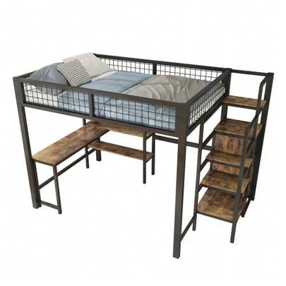High Bed, 140 X 200 Cm, Iron Bed, Storage Ladder, Several Shelves, Without Mattress, Built-In Wardrobe, Desk, Black