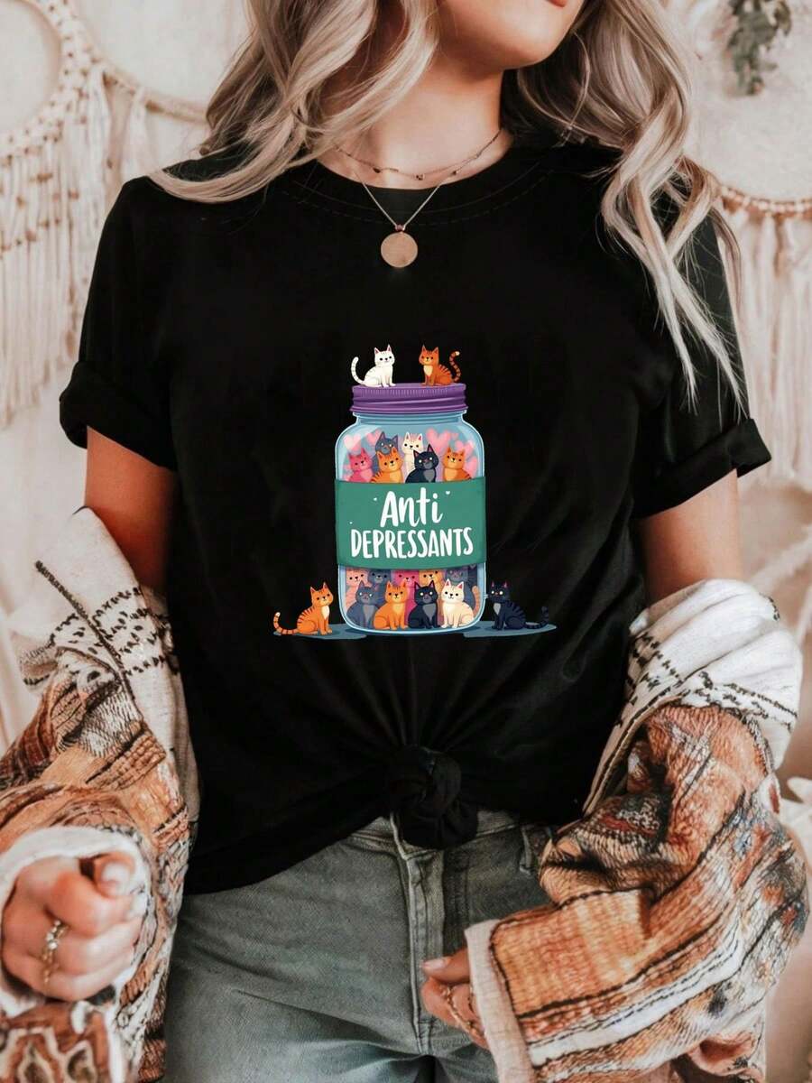 Los gatos son los mejores antidepresivos. Camiseta de manga corta con estampado para mujer, cuello redondo, primavera-verano, elegante y adecuada para fiestas. - Blanco - Ver 1