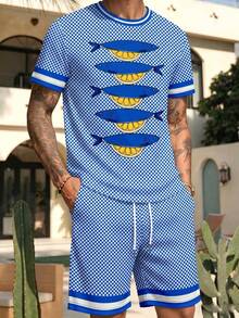 Men's Summer Vacation Fish Print Round Neck Short Sleeve T-Shirt And Casual Shorts Set - Multicolor - View 3