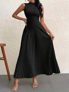 Vestido elegante de línea A ajustado con pliegues para mujeres - Negro - Ver 6
