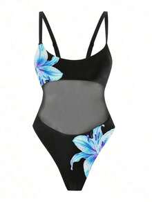 Traje de baño de una sola pieza para mujer con diseño de unicolor, tirantes, parches de malla, sexy y con recortes, estilo bohemio para festivales - Azul - Ver 4