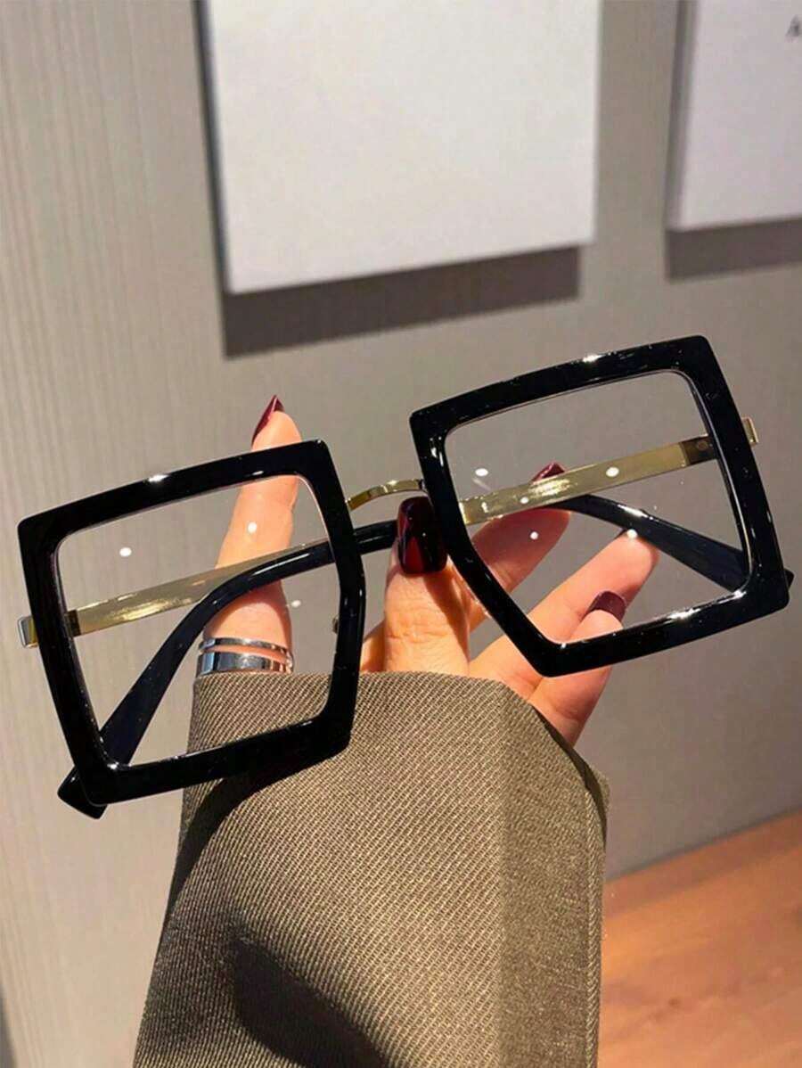 1pc Women's PC Large Frame Square, Gold Plastic Combo, Commuter, European & American Personality, Face-Slimming, Light Non-Prescription Glasses, Suitable For Daily Use - 黑色 - 查看 1