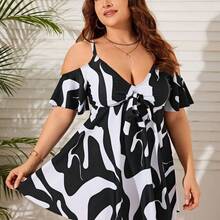 Swim Lushoire Summer Beach Plus Size Women's Printed Cold-Shoulder Swimwear - Rojo y blanco - Ver 5